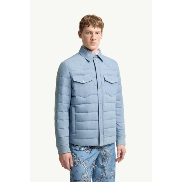 Moncler Tiriol Denim Down Shirt Jacket in Light Blue, view 4 | Men's Jackets | Coveti