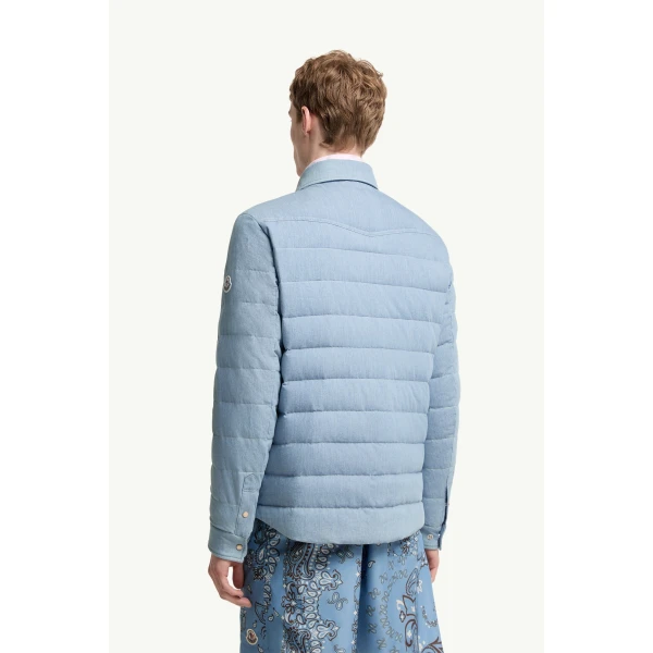 Moncler Tiriol Denim Down Shirt Jacket in Light Blue, view 5 | Men's Jackets | Coveti