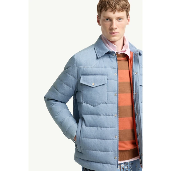Moncler Tiriol Denim Down Shirt Jacket in Light Blue, view 6 | Men's Jackets | Coveti