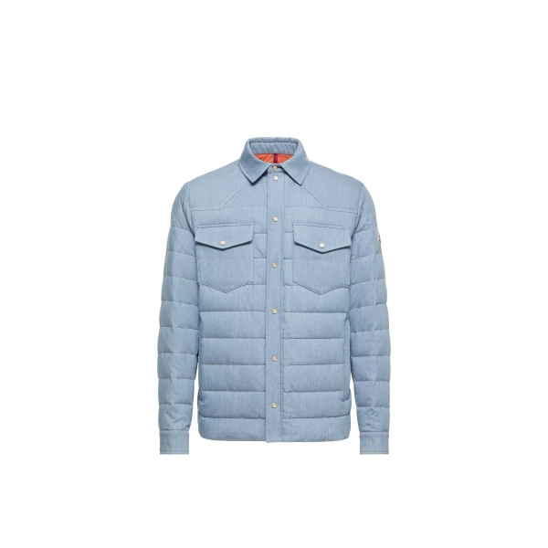 Moncler Tiriol Denim Down Shirt Jacket in Light Blue | Men's Jackets | Coveti