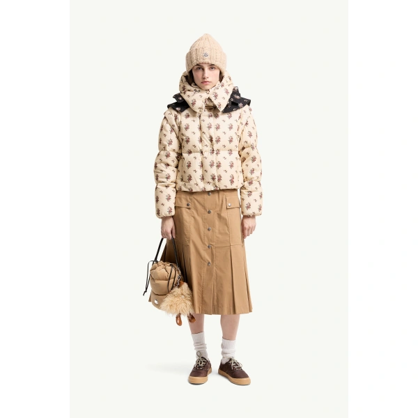 Moncler Torcol Floral Hooded 2-in-1 Down Jacket in Light Beige, view 2 | Women's Puffer Jackets | Coveti