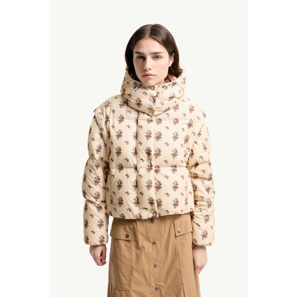 Moncler Torcol Floral Hooded 2-in-1 Down Jacket in Light Beige, view 4 | Women's Puffer Jackets | Coveti