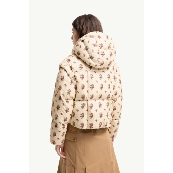 Moncler Torcol Floral Hooded 2-in-1 Down Jacket in Light Beige, view 5 | Women's Puffer Jackets | Coveti