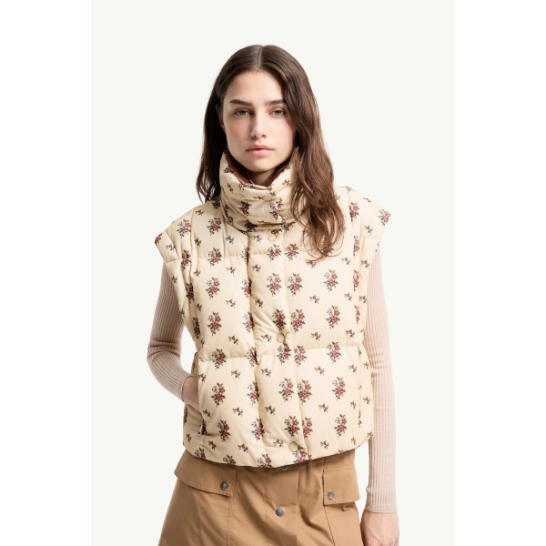 Moncler Torcol Floral Hooded 2-in-1 Down Jacket in Light Beige, view 6 | Women's Puffer Jackets | Coveti