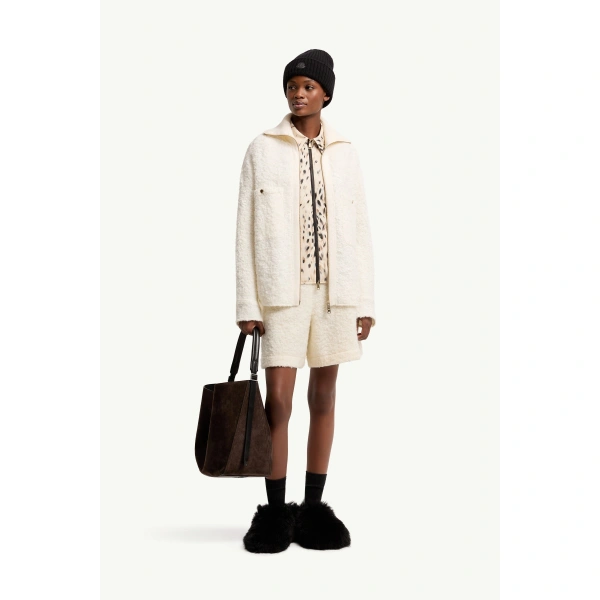 Moncler Tweed Zip-Up Shirt Jacket in White Ivory, view 2 | Women's Tweed Jackets | Coveti