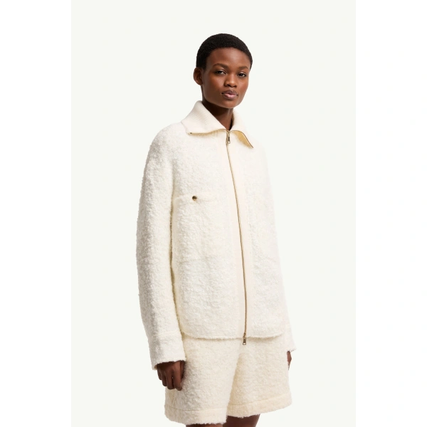 Moncler Tweed Zip-Up Shirt Jacket in White Ivory, view 4 | Women's Tweed Jackets | Coveti
