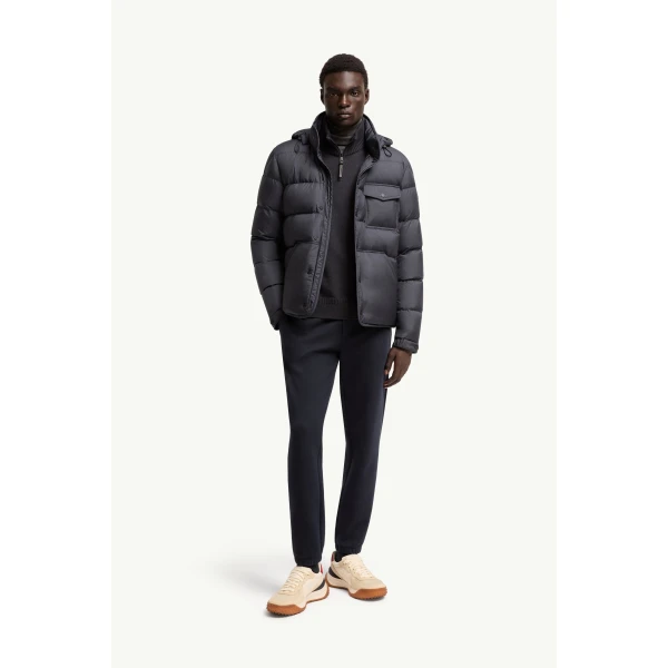 Moncler Tygid Hooded Short Down Jacket in Dark Blue, view 2 | Men's Jackets | Coveti