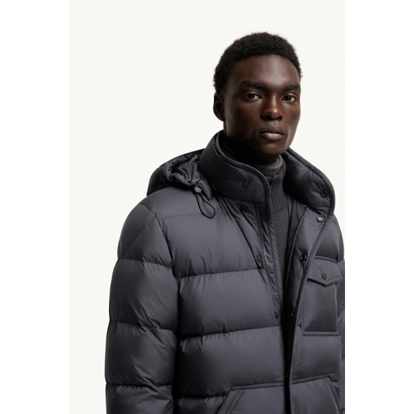 Moncler Tygid Hooded Short Down Jacket in Dark Blue, view 6 | Men's Jackets | Coveti