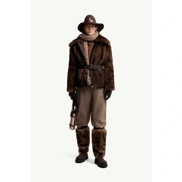 Moncler Valdivian Shearling Short Down Jacket in Brown, view 2 | Women's Shearling Jackets | Coveti