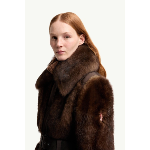 Moncler Valdivian Shearling Short Down Jacket in Brown, view 3 | Women's Shearling Jackets | Coveti