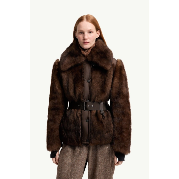 Moncler Valdivian Shearling Short Down Jacket in Brown, view 4 | Women's Shearling Jackets | Coveti