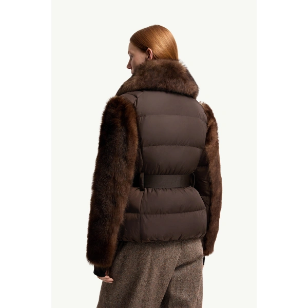 Moncler Valdivian Shearling Short Down Jacket in Brown, view 5 | Women's Shearling Jackets | Coveti