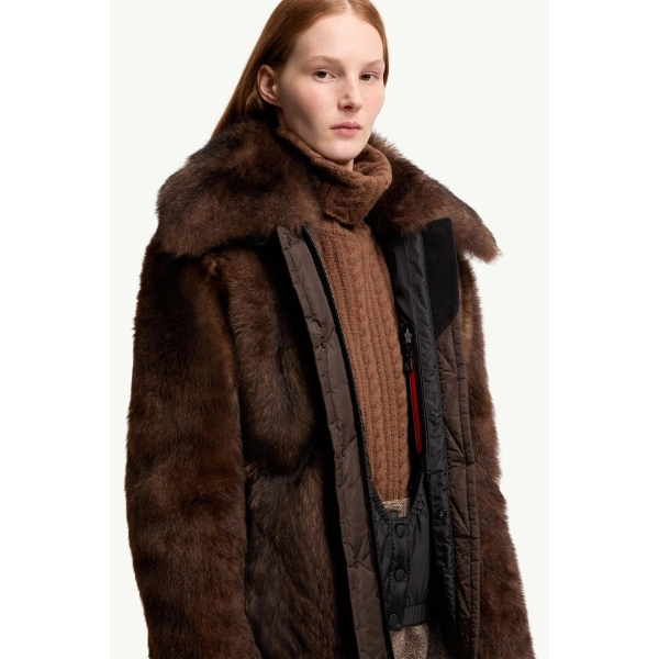 Moncler Valdivian Shearling Short Down Jacket in Brown, view 6 | Women's Shearling Jackets | Coveti