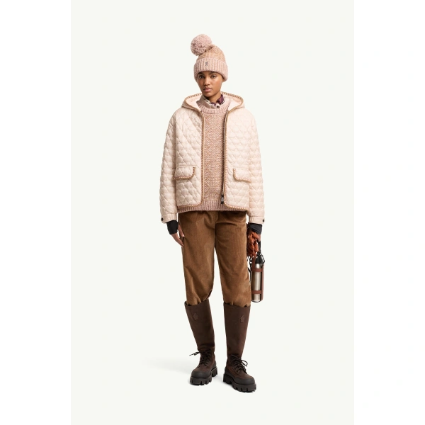 Moncler Valfassa Mountain Quilted Hooded Short Down Jacket in Light Pink, view 2 | Women's Puffer Jackets | Coveti