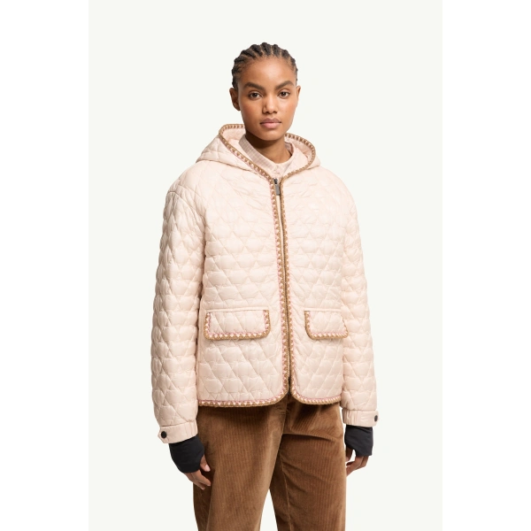 Moncler Valfassa Mountain Quilted Hooded Short Down Jacket in Light Pink, view 4 | Women's Puffer Jackets | Coveti