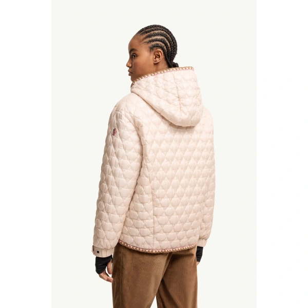 Moncler Valfassa Mountain Quilted Hooded Short Down Jacket in Light Pink, view 5 | Women's Puffer Jackets | Coveti