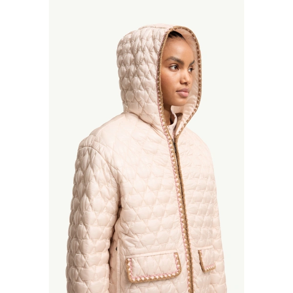 Moncler Valfassa Mountain Quilted Hooded Short Down Jacket in Light Pink, view 6 | Women's Puffer Jackets | Coveti