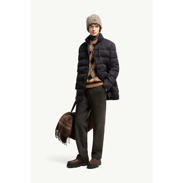 Moncler Vallonpierre Hooded Wool Long Down Jacket in Night Blue, view 2 | Men's Coats | Coveti