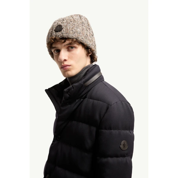 Moncler Vallonpierre Hooded Wool Long Down Jacket in Night Blue, view 3 | Men's Coats | Coveti