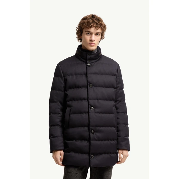 Moncler Vallonpierre Hooded Wool Long Down Jacket in Night Blue, view 4 | Men's Coats | Coveti