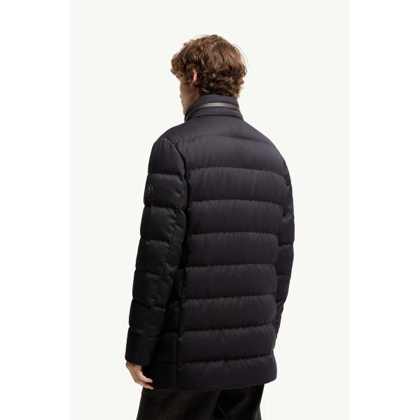 Moncler Vallonpierre Hooded Wool Long Down Jacket in Night Blue, view 5 | Men's Coats | Coveti