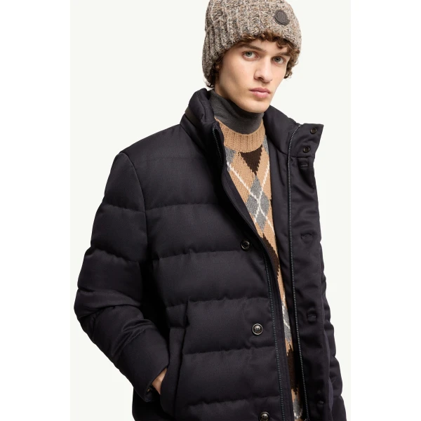 Moncler Vallonpierre Hooded Wool Long Down Jacket in Night Blue, view 6 | Men's Coats | Coveti