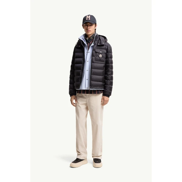 Moncler Verith Hooded Short Down Jacket in Dark Blue, view 2 | Men's Jackets | Coveti