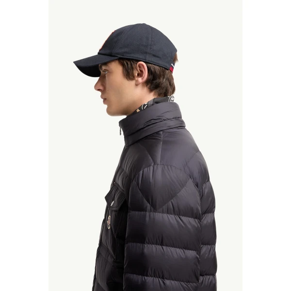 Moncler Verith Hooded Short Down Jacket in Dark Blue, view 3 | Men's Jackets | Coveti