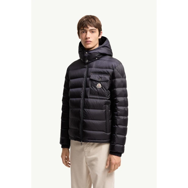 Moncler Verith Hooded Short Down Jacket in Dark Blue, view 4 | Men's Jackets | Coveti
