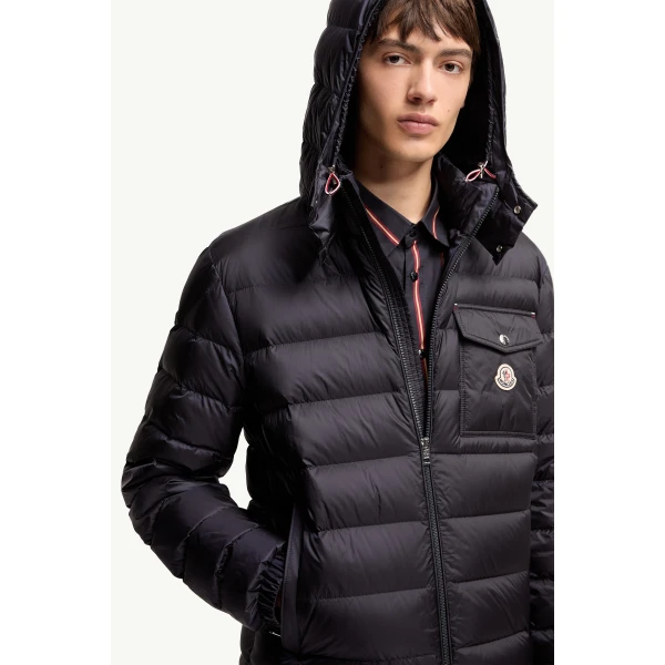 Moncler Verith Hooded Short Down Jacket in Dark Blue, view 6 | Men's Jackets | Coveti
