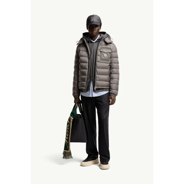 Moncler Verith Hooded Short Down Jacket in Gray, view 2 | Men's Jackets | Coveti