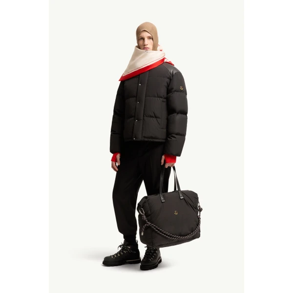 Moncler Verone Leather-Trimmed Short Down Jacket in Black, view 2 | Men's Jackets | Coveti