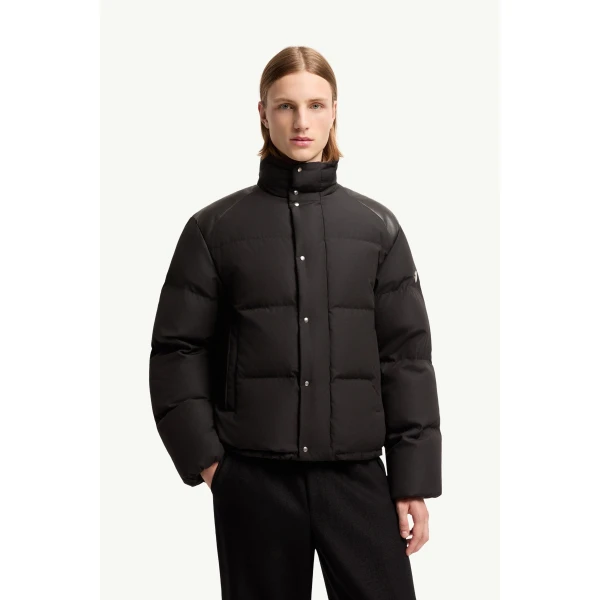 Moncler Verone Leather-Trimmed Short Down Jacket in Black, view 4 | Men's Jackets | Coveti