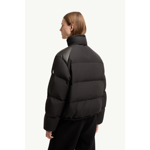 Moncler Verone Leather-Trimmed Short Down Jacket in Black, view 5 | Men's Jackets | Coveti