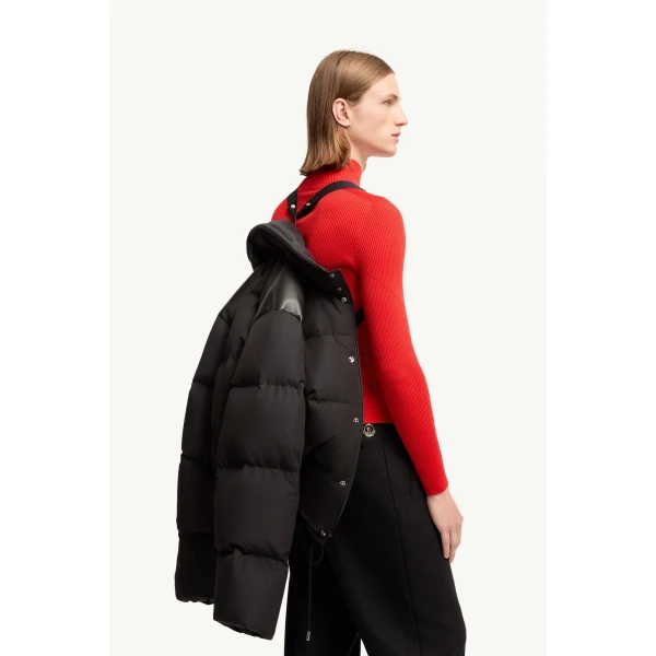 Moncler Verone Leather-Trimmed Short Down Jacket in Black, view 6 | Men's Jackets | Coveti