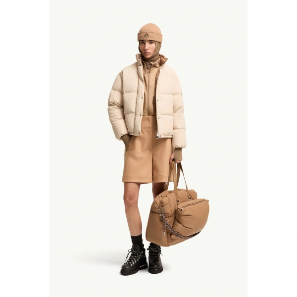 Moncler Verone Leather-Trimmed Short Down Jacket in Light Beige, view 2 | Women's Puffer Jackets | Coveti