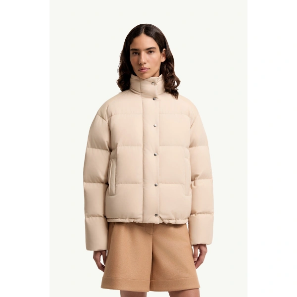 Moncler Verone Leather-Trimmed Short Down Jacket in Light Beige, view 4 | Women's Puffer Jackets | Coveti