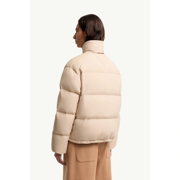 Moncler Verone Leather-Trimmed Short Down Jacket in Light Beige, view 5 | Women's Puffer Jackets | Coveti