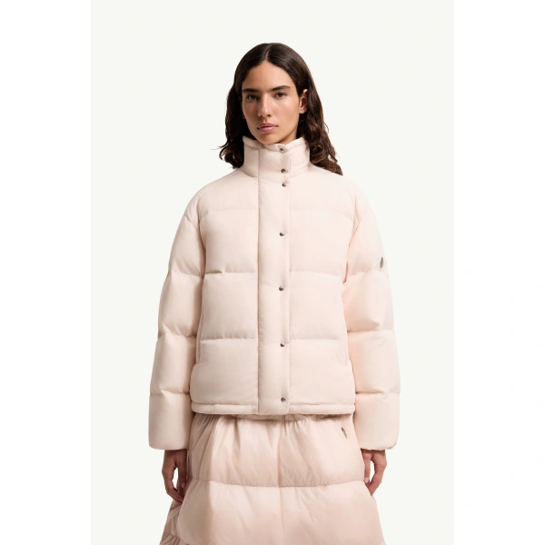 Moncler Verone Short Down Jacket in Light Pink, view 4 | Women's Puffer Jackets | Coveti