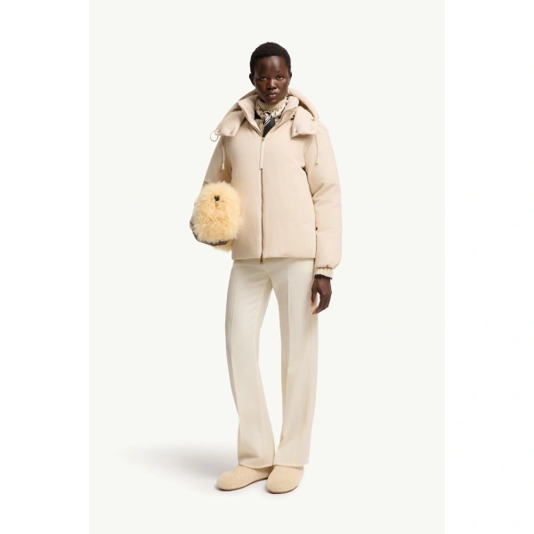 Moncler Vivante Hooded Wool & Cashmere Short Down Jacket in Light Beige, view 2 | Women's Puffer Jackets | Coveti