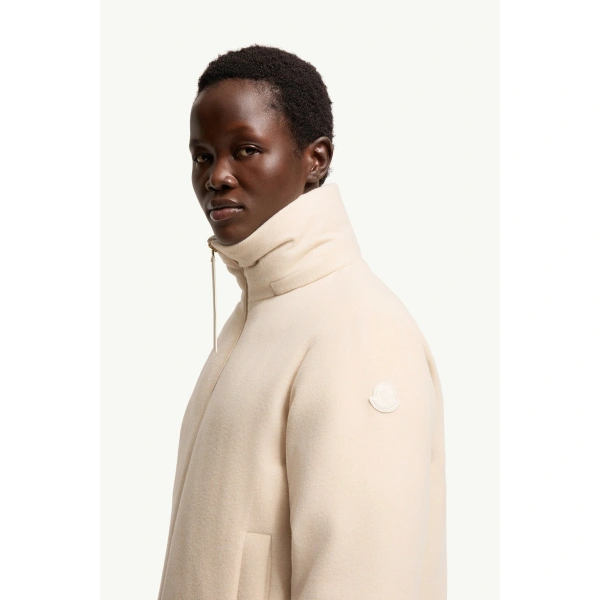 Moncler Vivante Hooded Wool & Cashmere Short Down Jacket in Light Beige, view 3 | Women's Puffer Jackets | Coveti