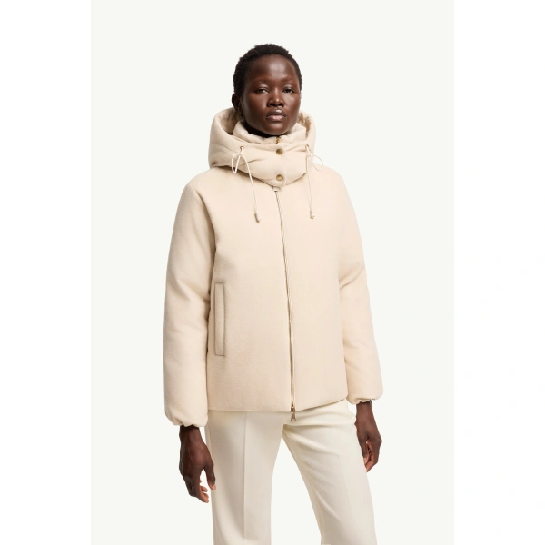 Moncler Vivante Hooded Wool & Cashmere Short Down Jacket in Light Beige, view 4 | Women's Puffer Jackets | Coveti