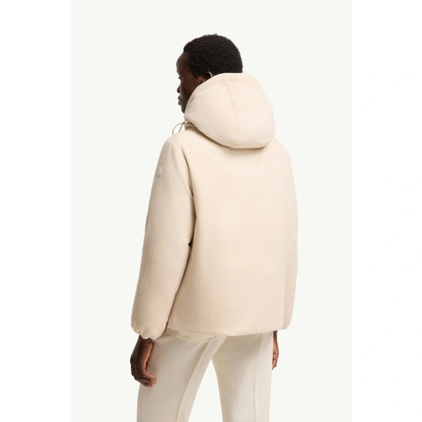 Moncler Vivante Hooded Wool & Cashmere Short Down Jacket in Light Beige, view 5 | Women's Puffer Jackets | Coveti