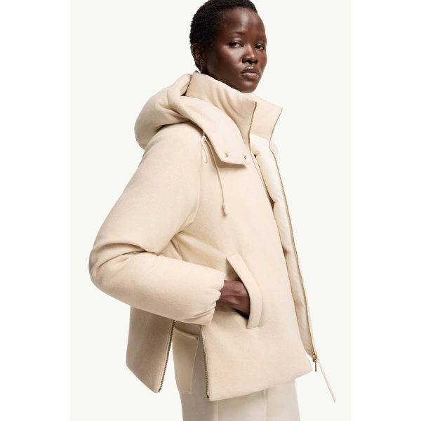 Moncler Vivante Hooded Wool & Cashmere Short Down Jacket in Light Beige, view 6 | Women's Puffer Jackets | Coveti