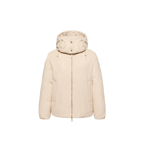 Moncler Vivante Hooded Wool & Cashmere Short Down Jacket in Light Beige | Women's Puffer Jackets | Coveti