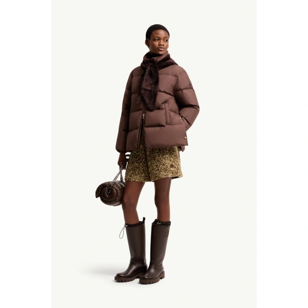 Moncler Vivantesse Short Down Jacket in Brown, view 2 | Women's Puffer Jackets | Coveti