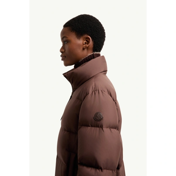 Moncler Vivantesse Short Down Jacket in Brown, view 3 | Women's Puffer Jackets | Coveti