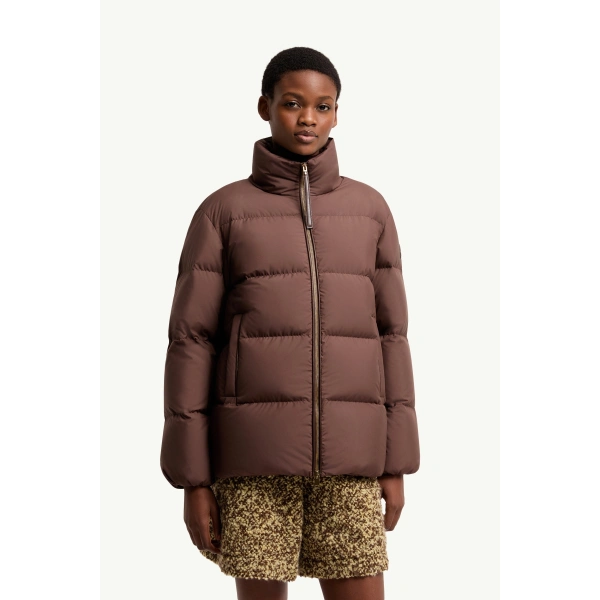 Moncler Vivantesse Short Down Jacket in Brown, view 4 | Women's Puffer Jackets | Coveti