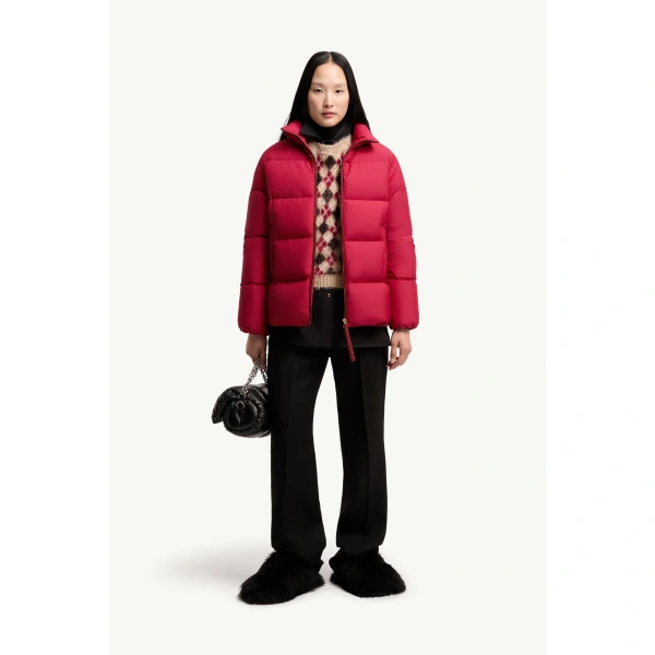 Moncler Vivantesse Short Down Jacket in Red, view 2 | Women's Puffer Jackets | Coveti