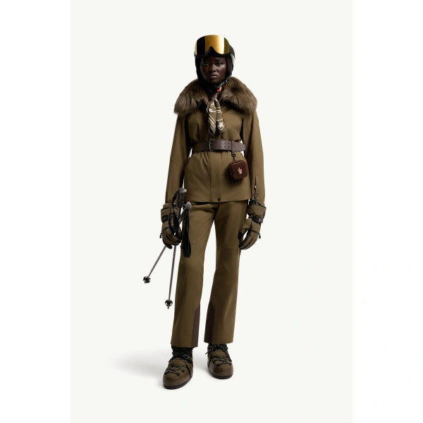 Moncler Vizelles Shearling-Trimmed Ski Jacket in Olive Green, view 2 | Women's Ski Jackets | Coveti